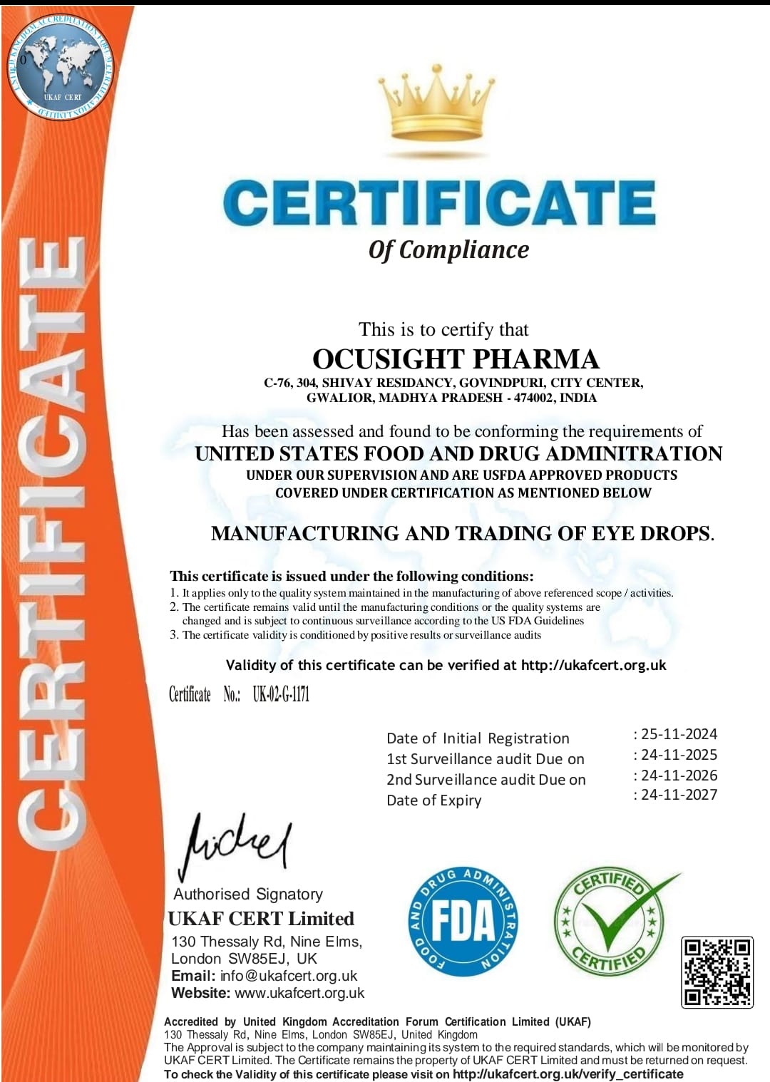 FDA Compliance Certificate - Ocusight Pharma