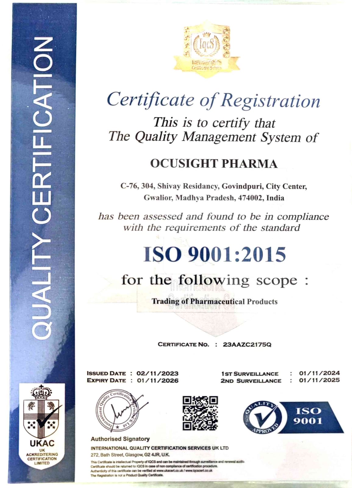 ISO 9001:2015 Certificate - Ocusight Pharma
